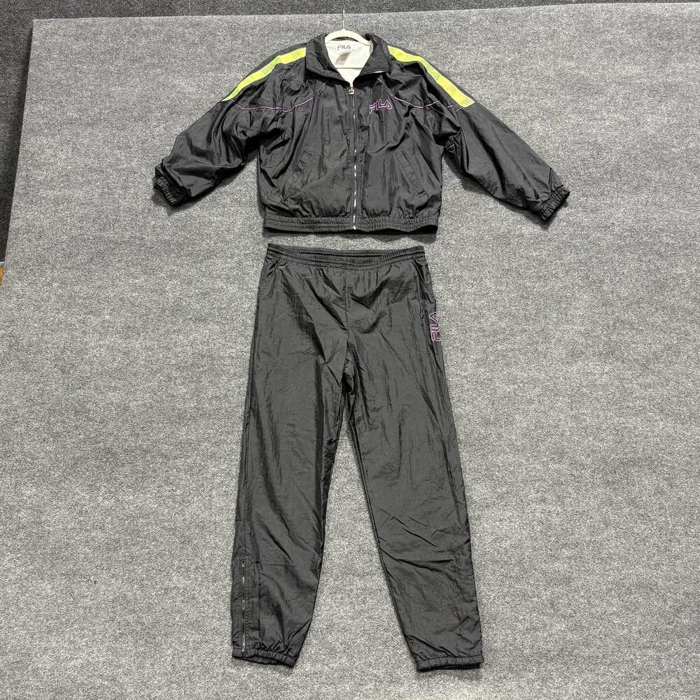 FILA Sweatsuit Tracksuit Womens 12 Black Jacket Pants 2 Piece Neon Trim Set